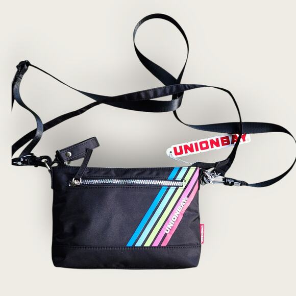 UnionBay Black Logo Retro Rainbow Striped Streetwear Y2K Zipper Crossbody - Picture 1 of 6